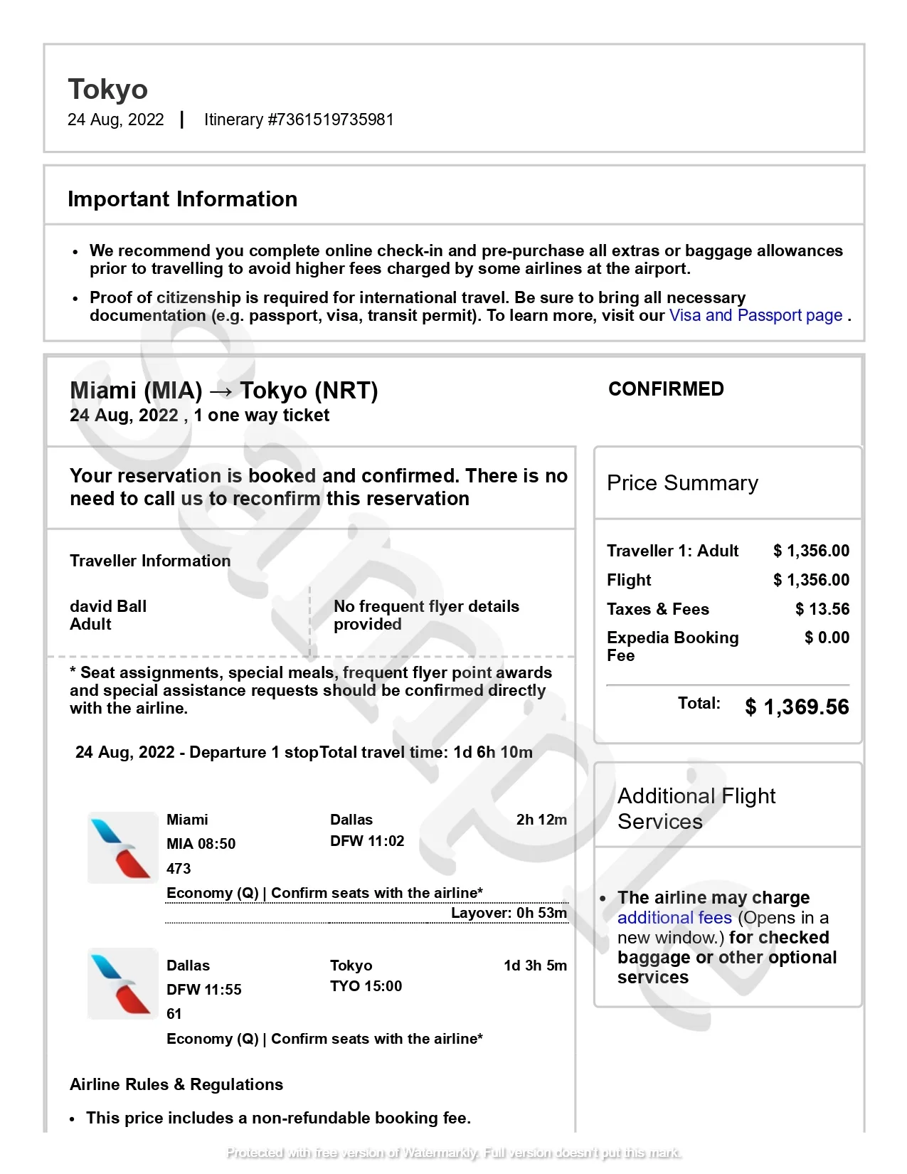 flight dummy ticket sample image
