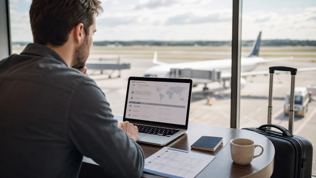 Traveler reviewing a flight itinerary on a laptop in an airport lounge