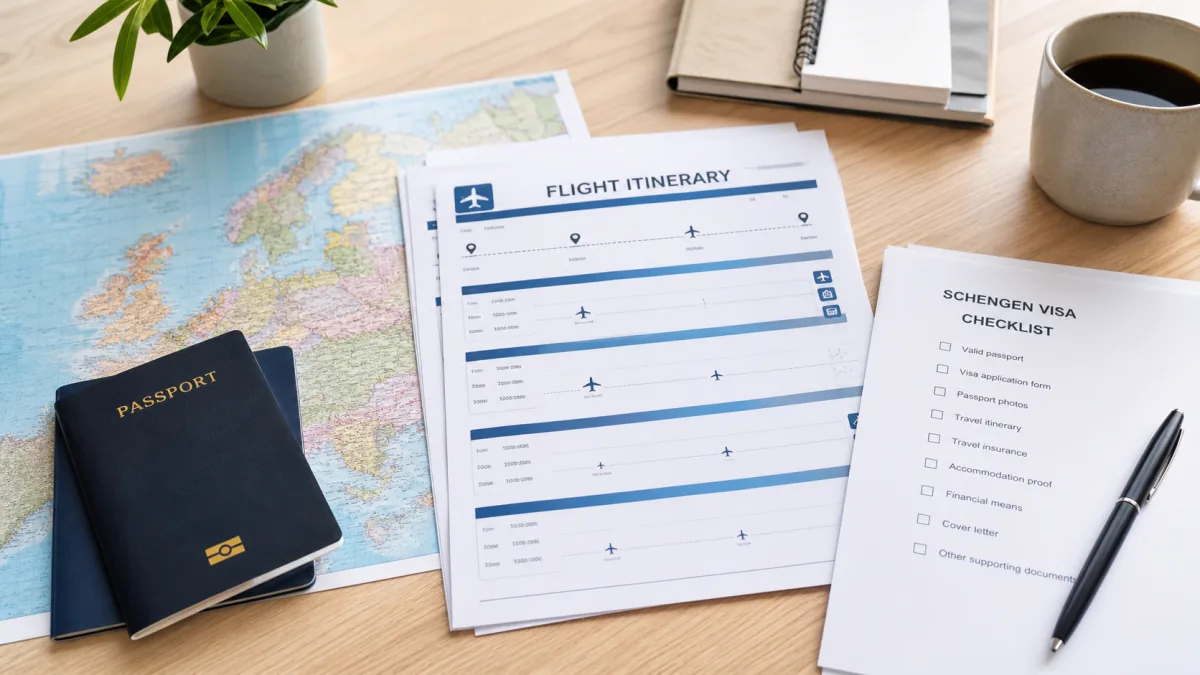 Passports, a Europe map, flight itinerary and Schengen visa checklist arranged on a desk