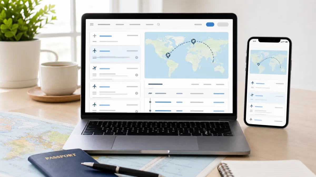 Laptop and phone displaying a responsive online flight itinerary planner on a travel desk