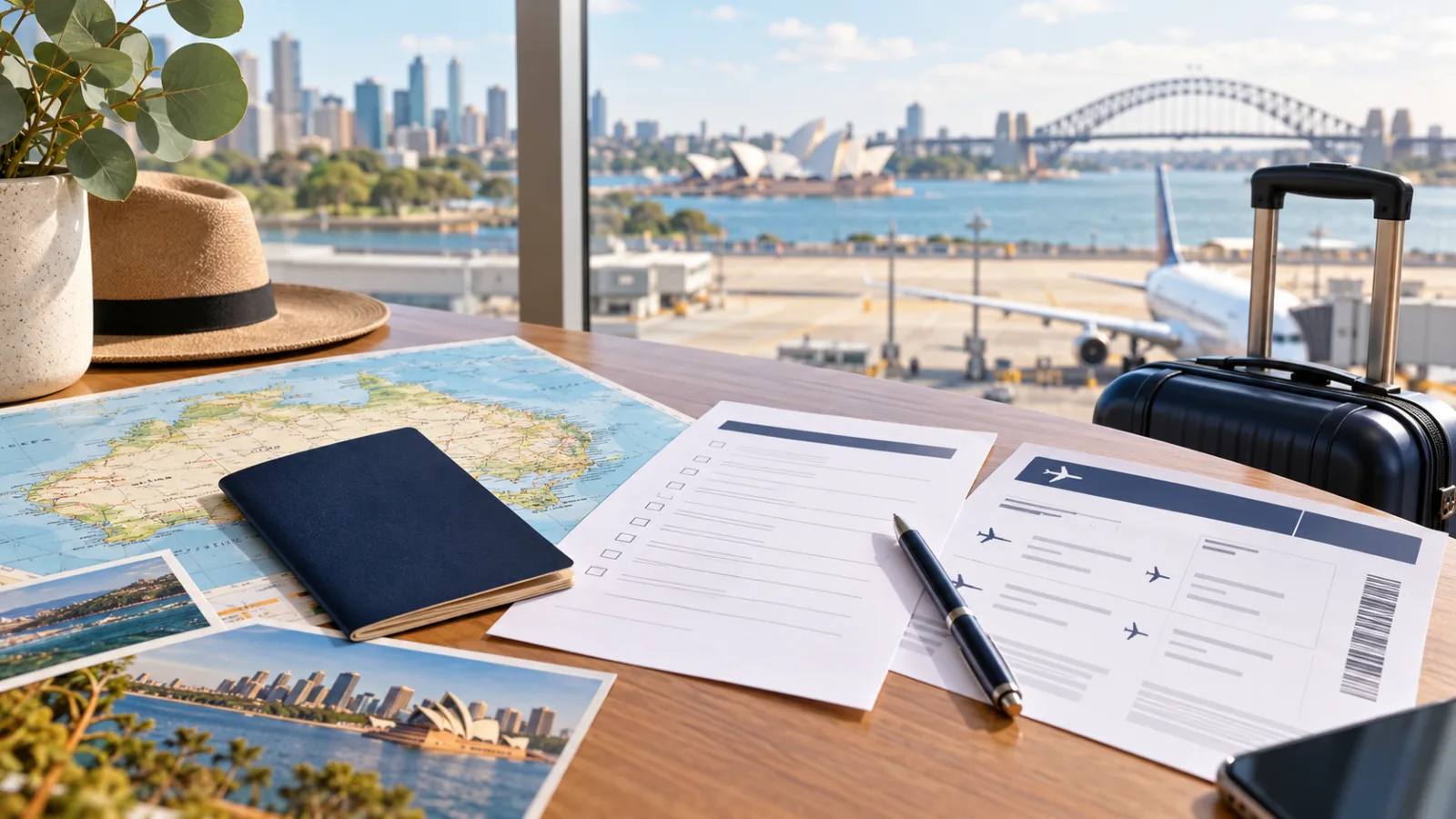 Australia visitor visa travel planning desk with passport, flight itinerary, map and Sydney skyline