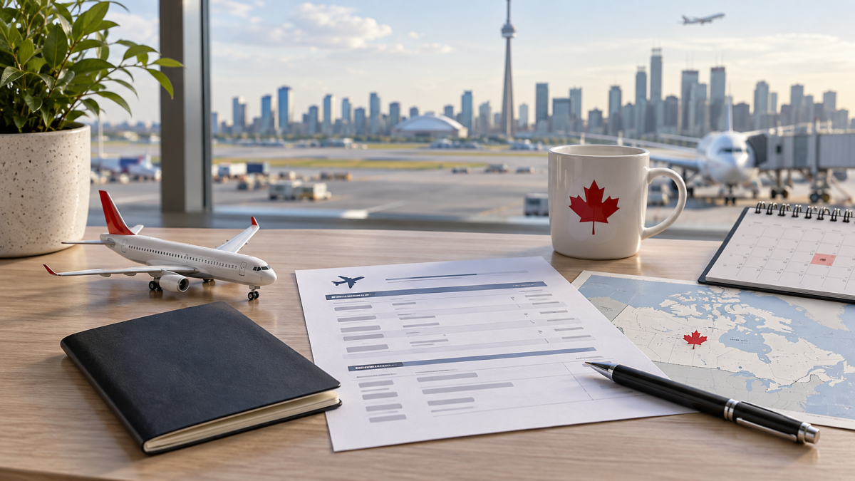 Canada visitor visa checklist, passport, flight itinerary and maple leaf map arranged on a travel desk