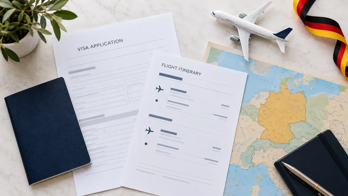 Germany Schengen visa application with passport, round-trip flight itinerary, airplane and map of Germany