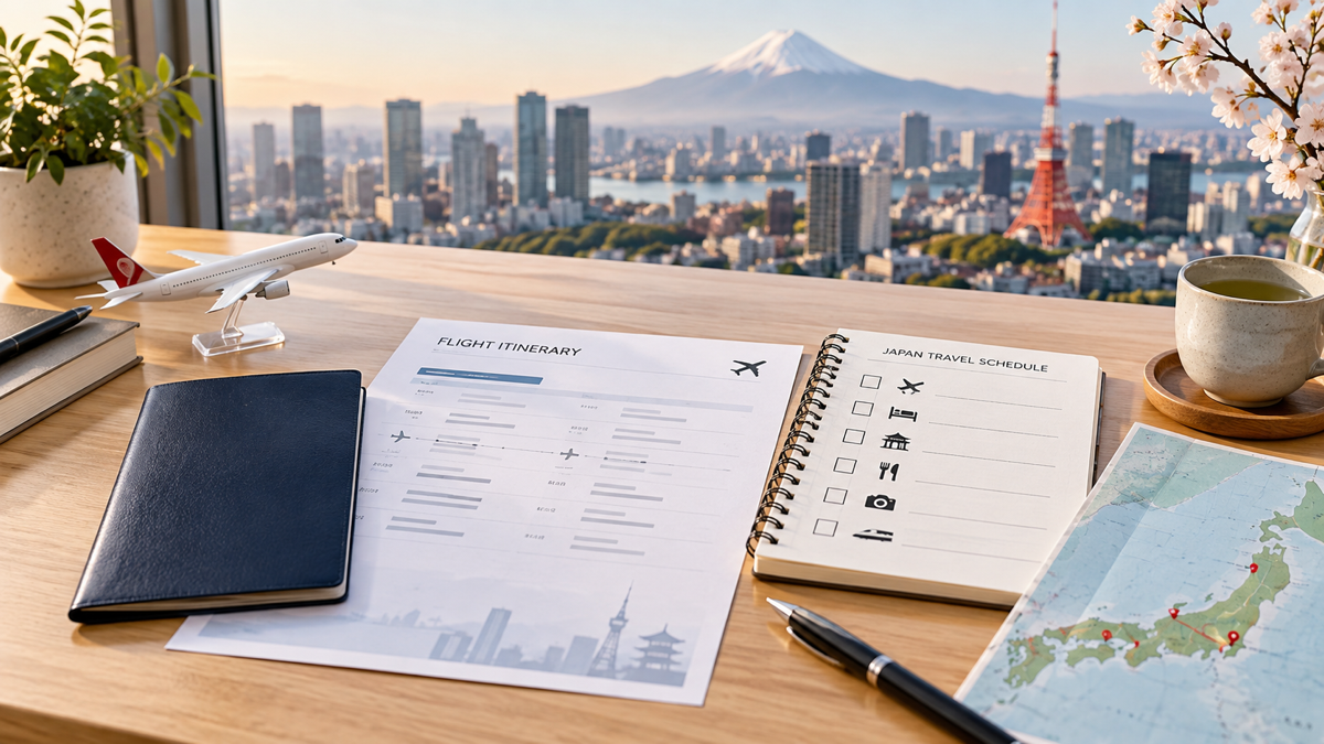 Japan visa flight itinerary, passport, travel checklist and Japan map arranged on a desk