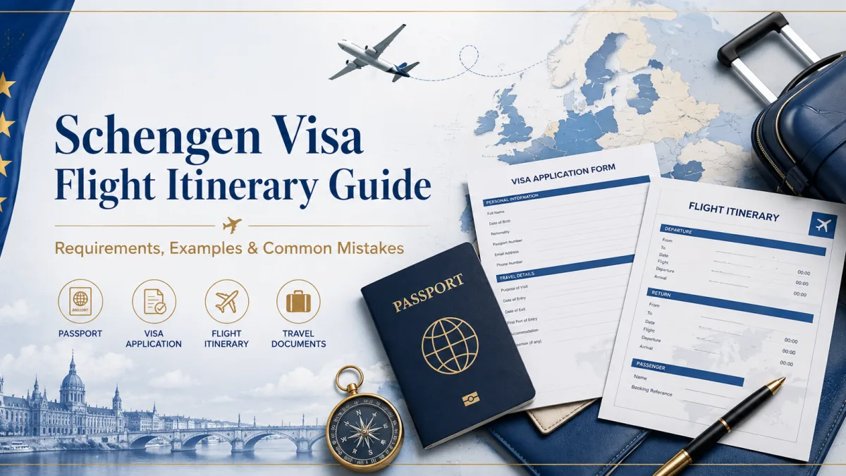 Schengen visa application form, flight itinerary, passport and Europe map arranged with travel documents