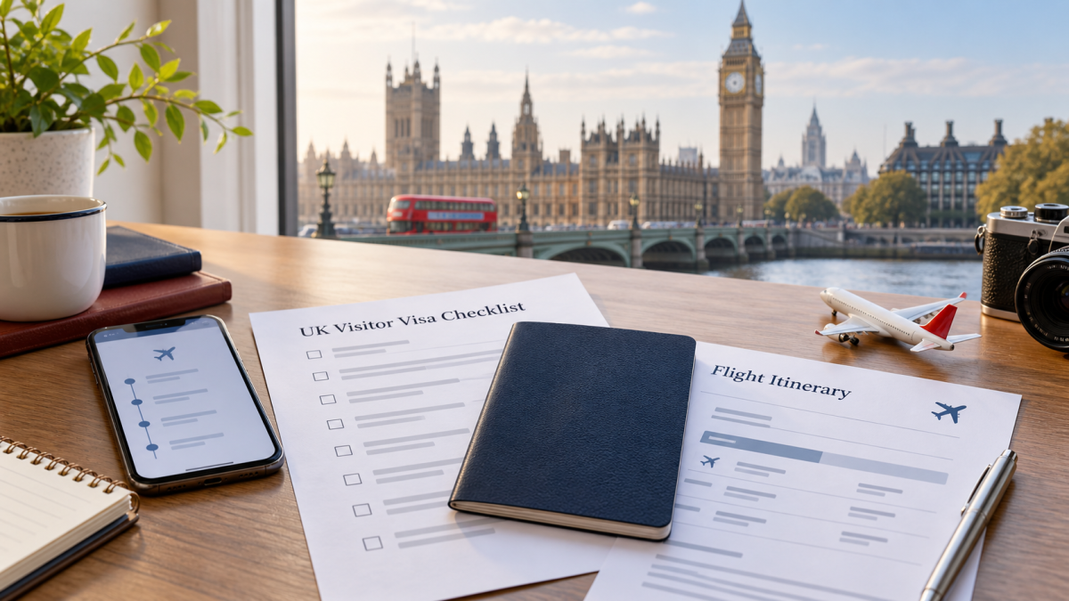 UK visitor visa checklist, passport and flight itinerary on a desk overlooking London