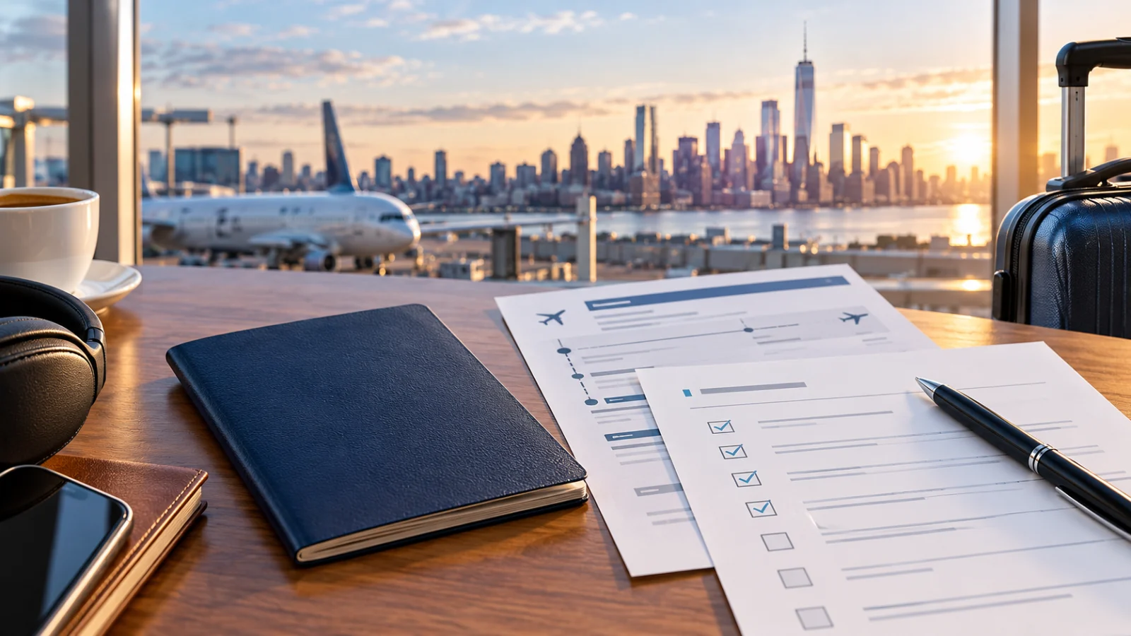 US visitor visa travel planning desk with passport, itinerary, airport and New York skyline