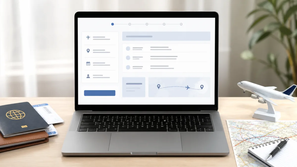 Laptop displaying a generic online flight itinerary builder beside travel documents and a map