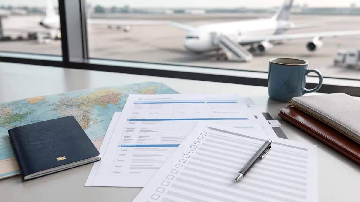 Passport, flight itinerary papers and a travel checklist on a desk overlooking an airport
