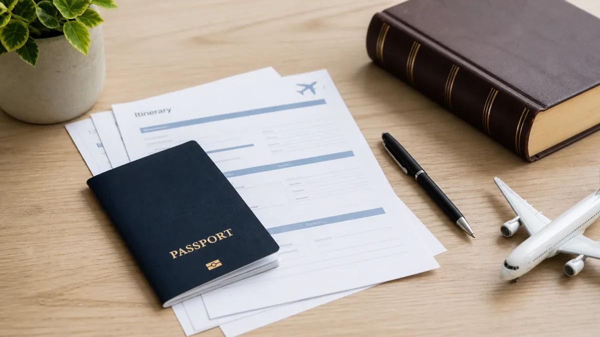 Passport, itinerary papers, legal reference book and model airplane on a neutral desk