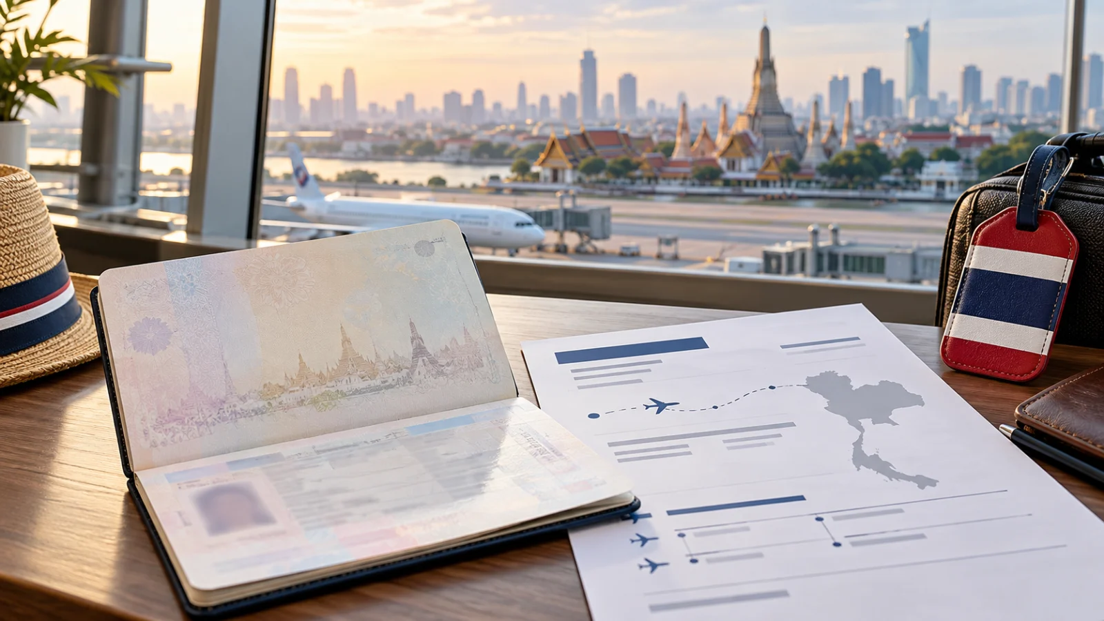 Thailand onward travel documents, passport, flight itinerary and Bangkok airport arranged for a 2026 entry checklist