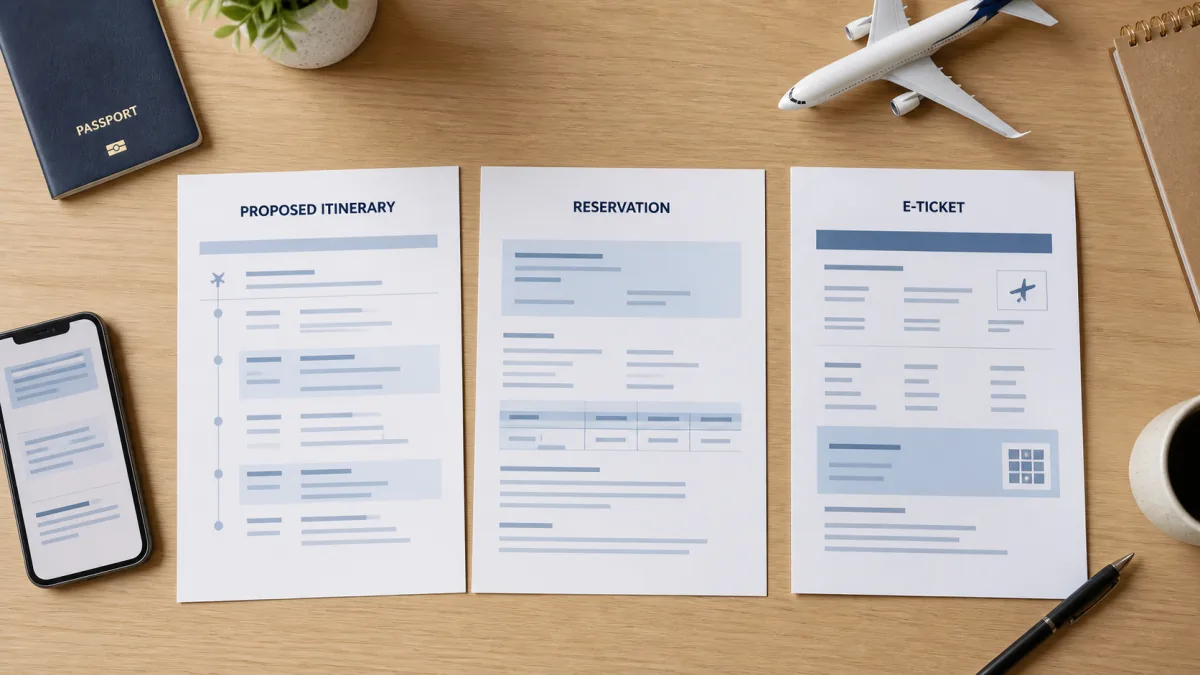 Proposed itinerary, reservation and e-ticket documents arranged side by side on a travel desk