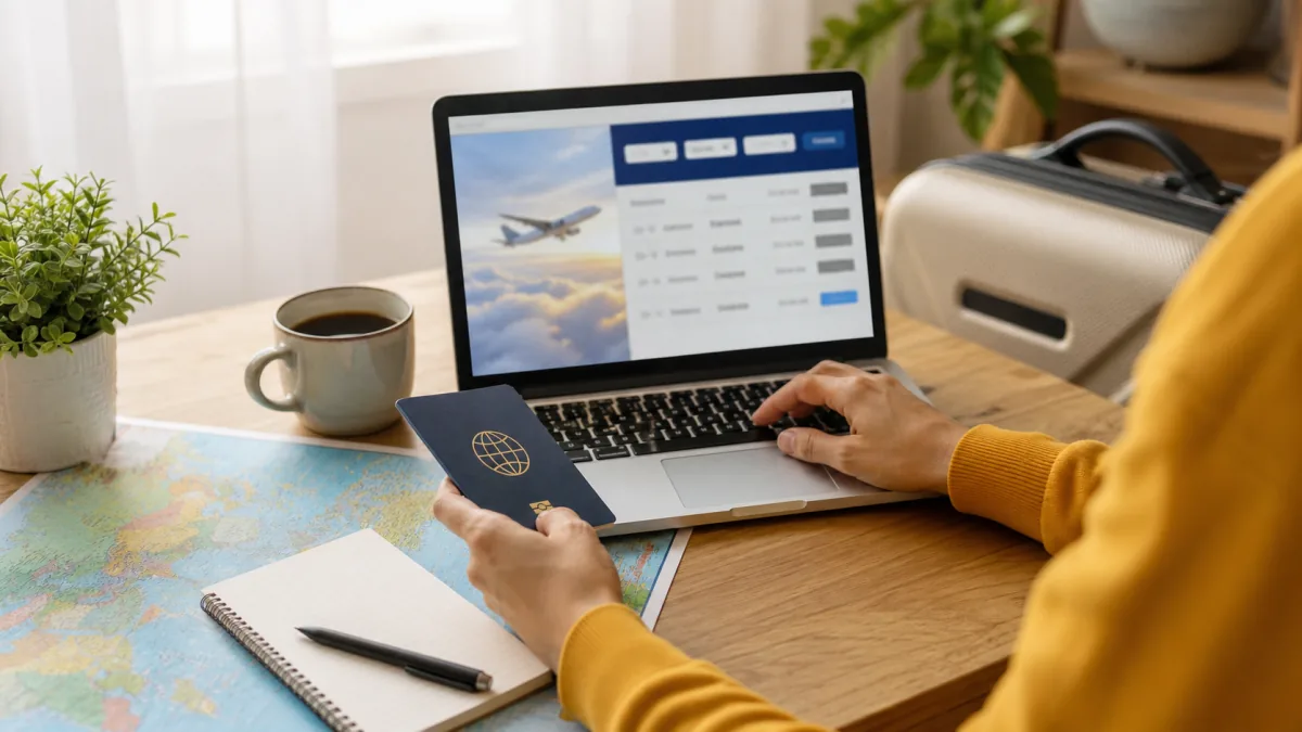 Traveler using a laptop to plan a flight itinerary at a desk with a map and passport